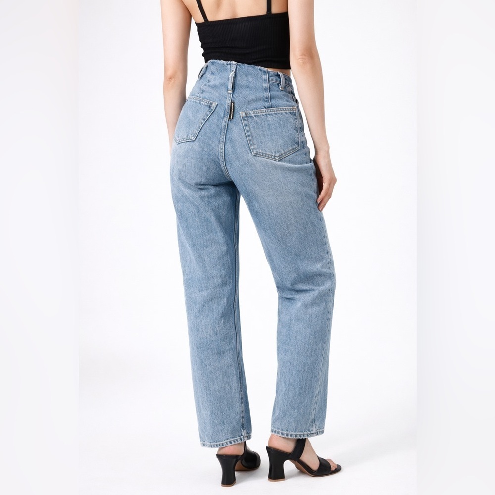 Alexander Wang Frayed Waist High Rise Straight Leg Jeans Light Wash Denim 26 27